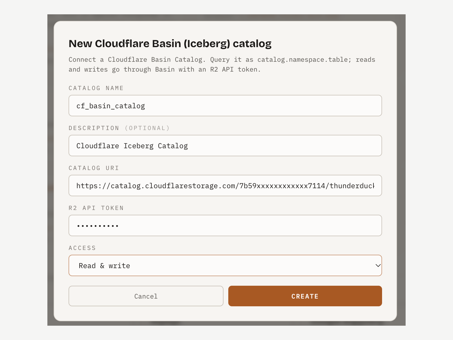 The Cloudflare Basin form in the Thunderduck console: a catalog URI, a token and an access setting