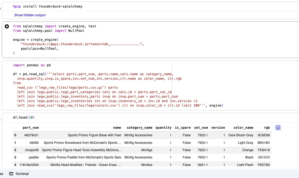 A Jupyter notebook reading a governed lakehouse table into a pandas DataFrame through thunderduck-sqlalchemy