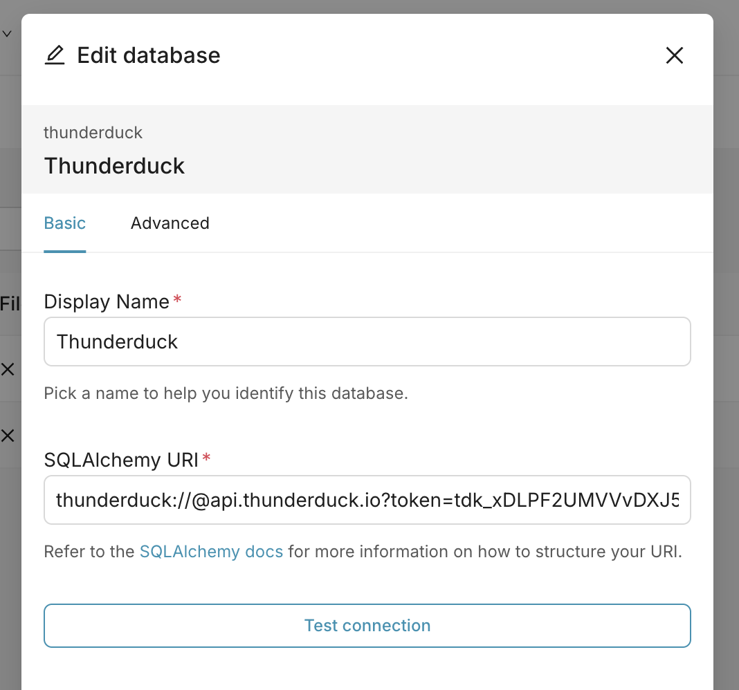 Adding Thunderduck as a database in Apache Superset, pasting the thunderduck:// SQLAlchemy URI