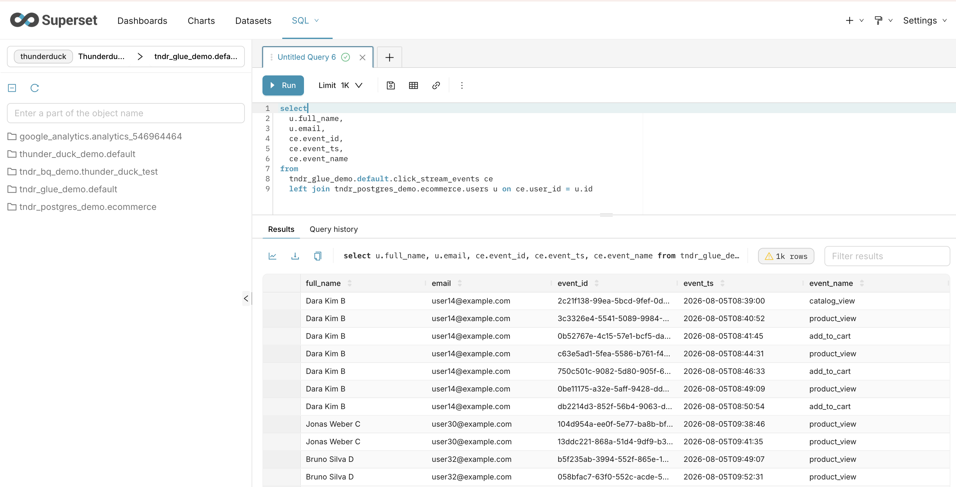 Superset SQL Lab running an ad-hoc federated query against Thunderduck and returning results