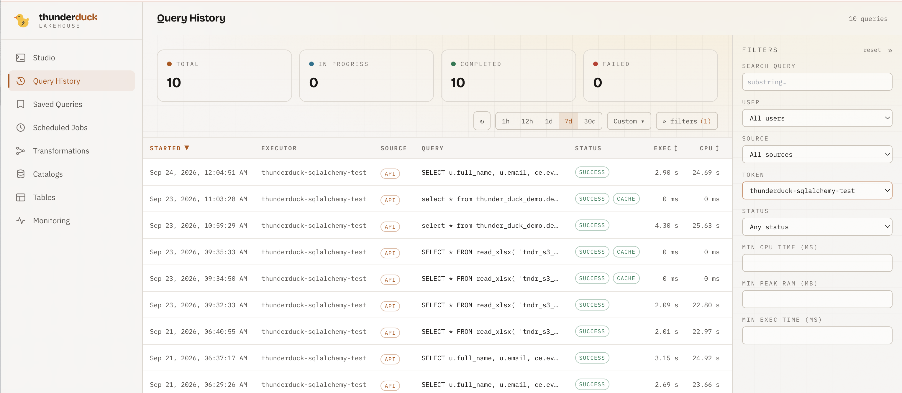 The Thunderduck console Monitoring page showing queries submitted by Superset, with plans, timings and cost